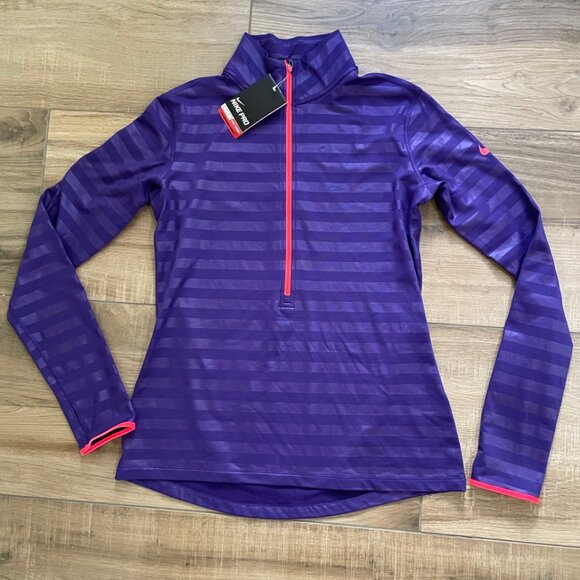Nike Pro Top Womens Large Purple Hyperwarm New 1/2 Zip Striped Training Sweater - Picture 1 of 16